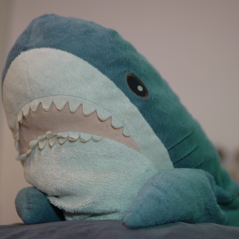 Een zachte blauwe pluchen haai